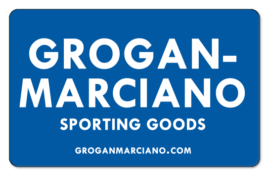 grogan marciano white logo on a blue background